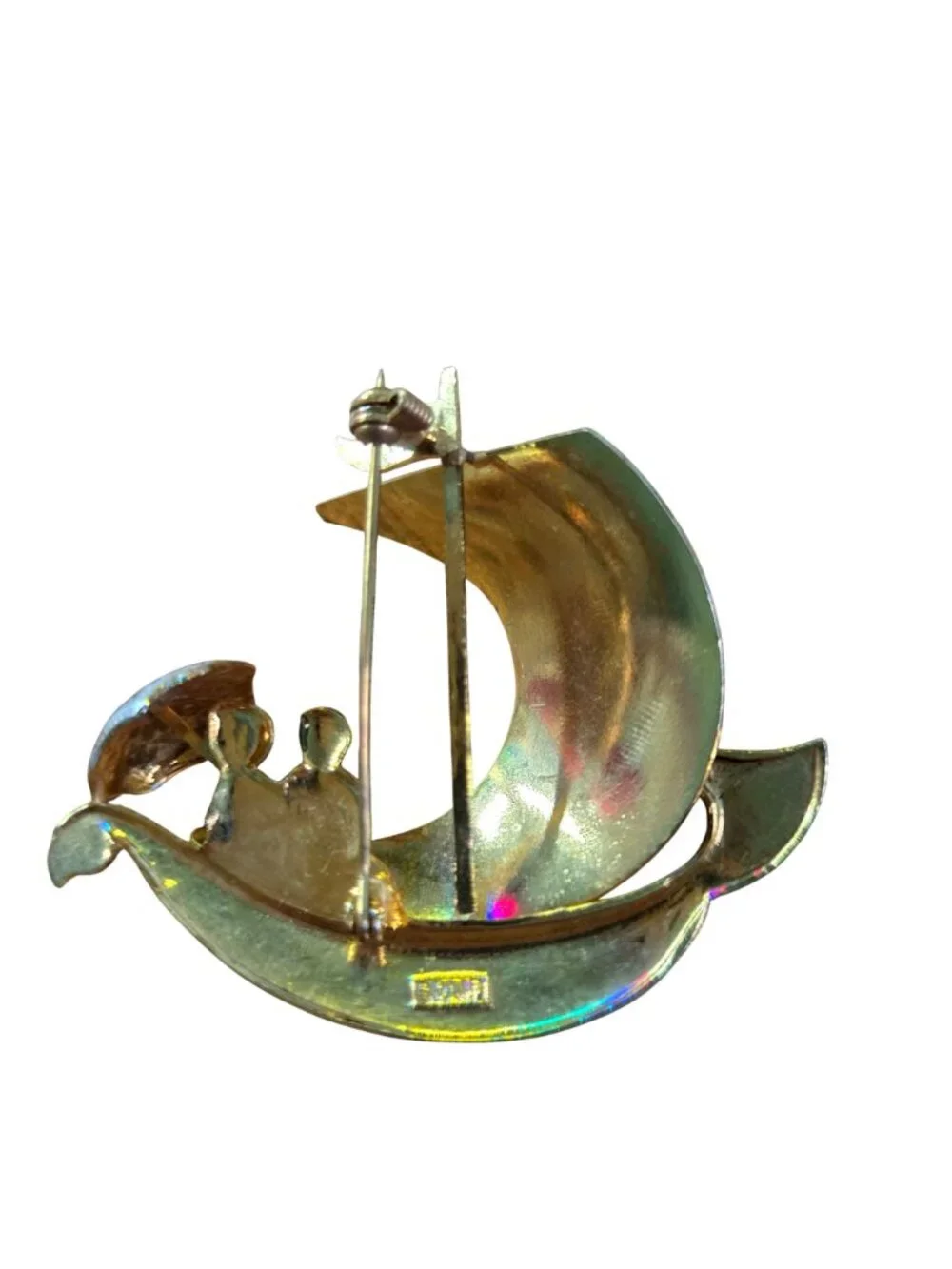Vintage Damascene Spanish Sailboat Brooch Romantic Couple Beneath Parasol